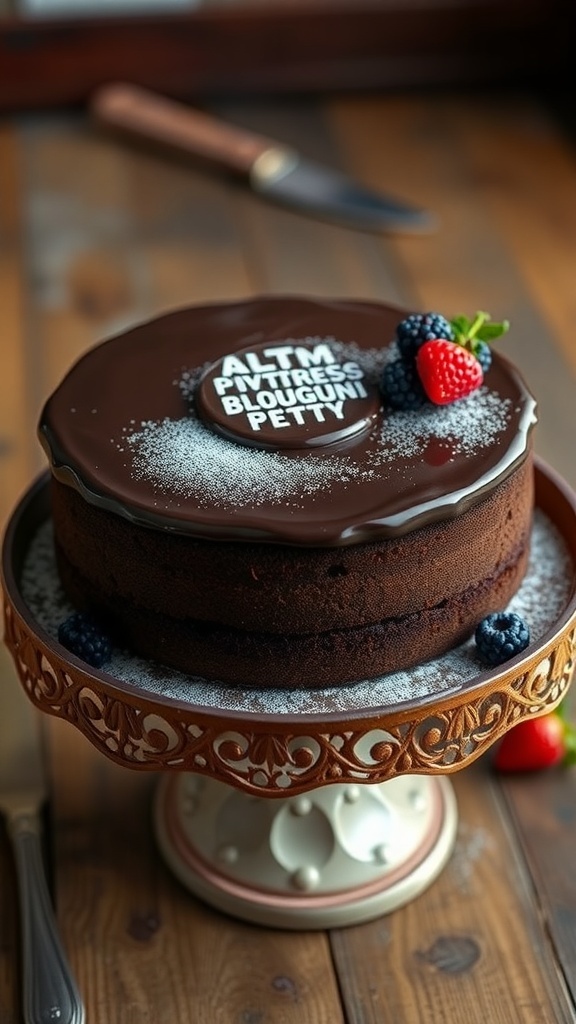 A flourless chocolate cake on a cake stand, dusted with powdered sugar and garnished with berries.